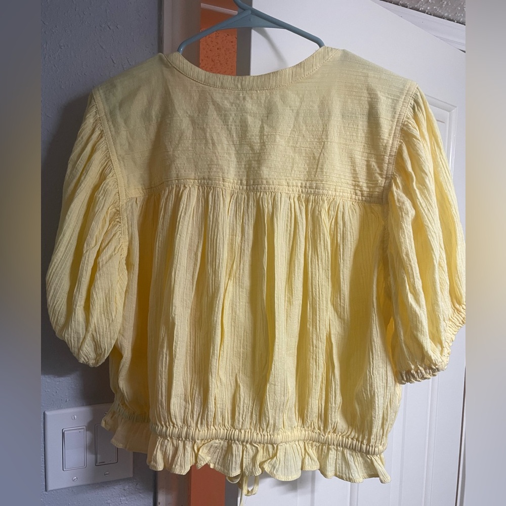 Free People Yellow Puff Sleeve Blouse with Ruffled Tie Front - Picture 4 of 7